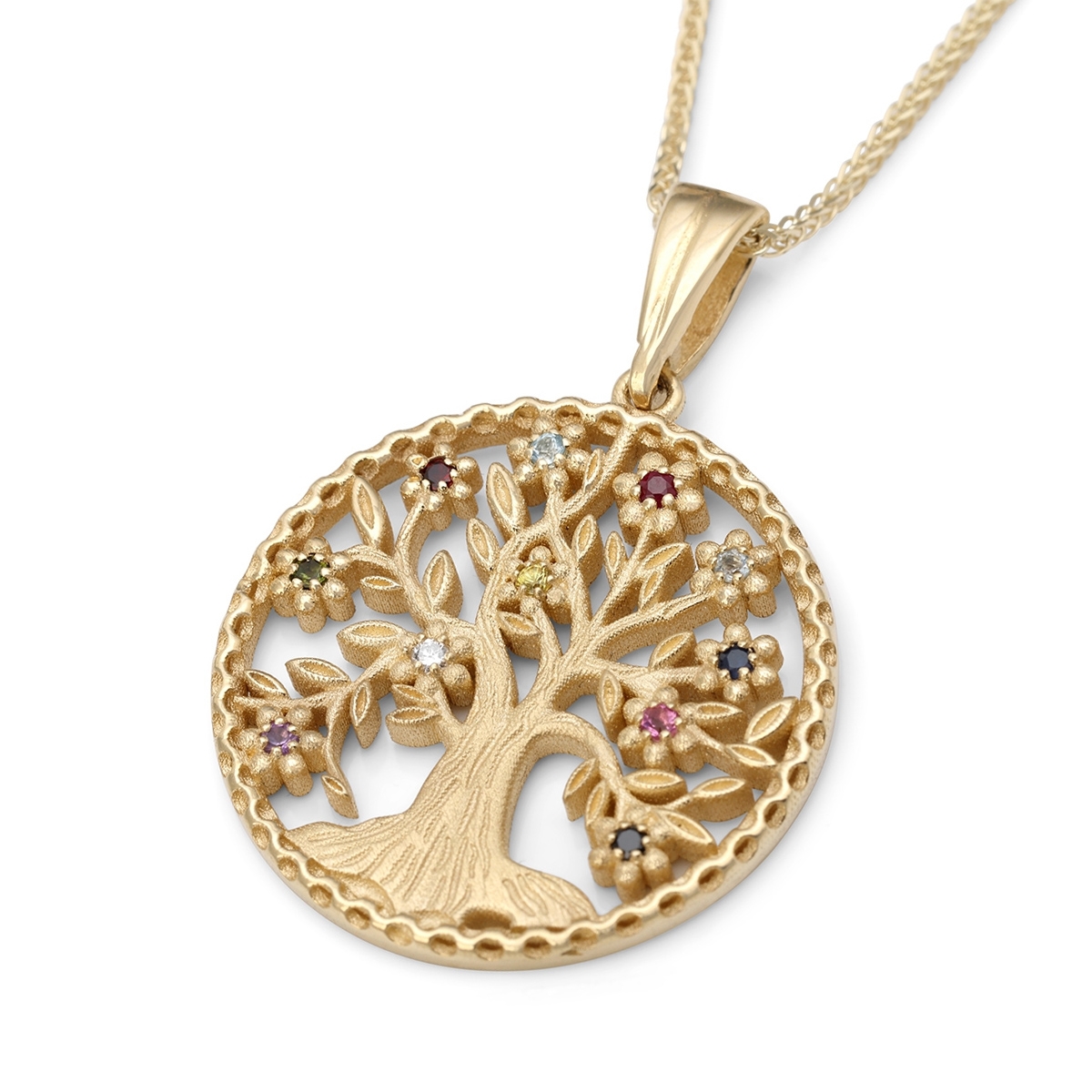 Deluxe 14K Yellow Gold Tree of Life Pendant Necklace With Colorful Hoshen Gemstones main product photo