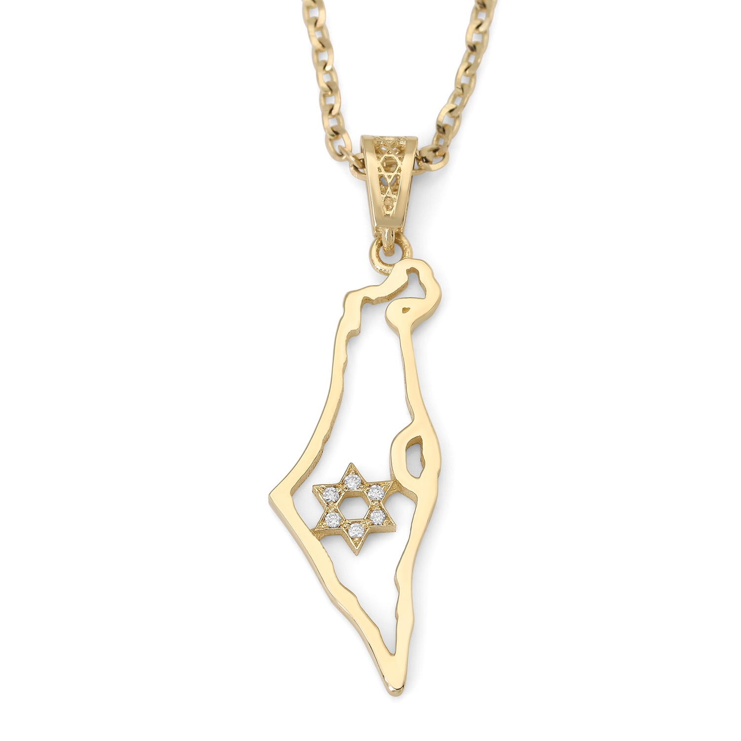 14K Gold Women's Map of Israel Outline Pendant with Diamond-Studded Star of David main product photo