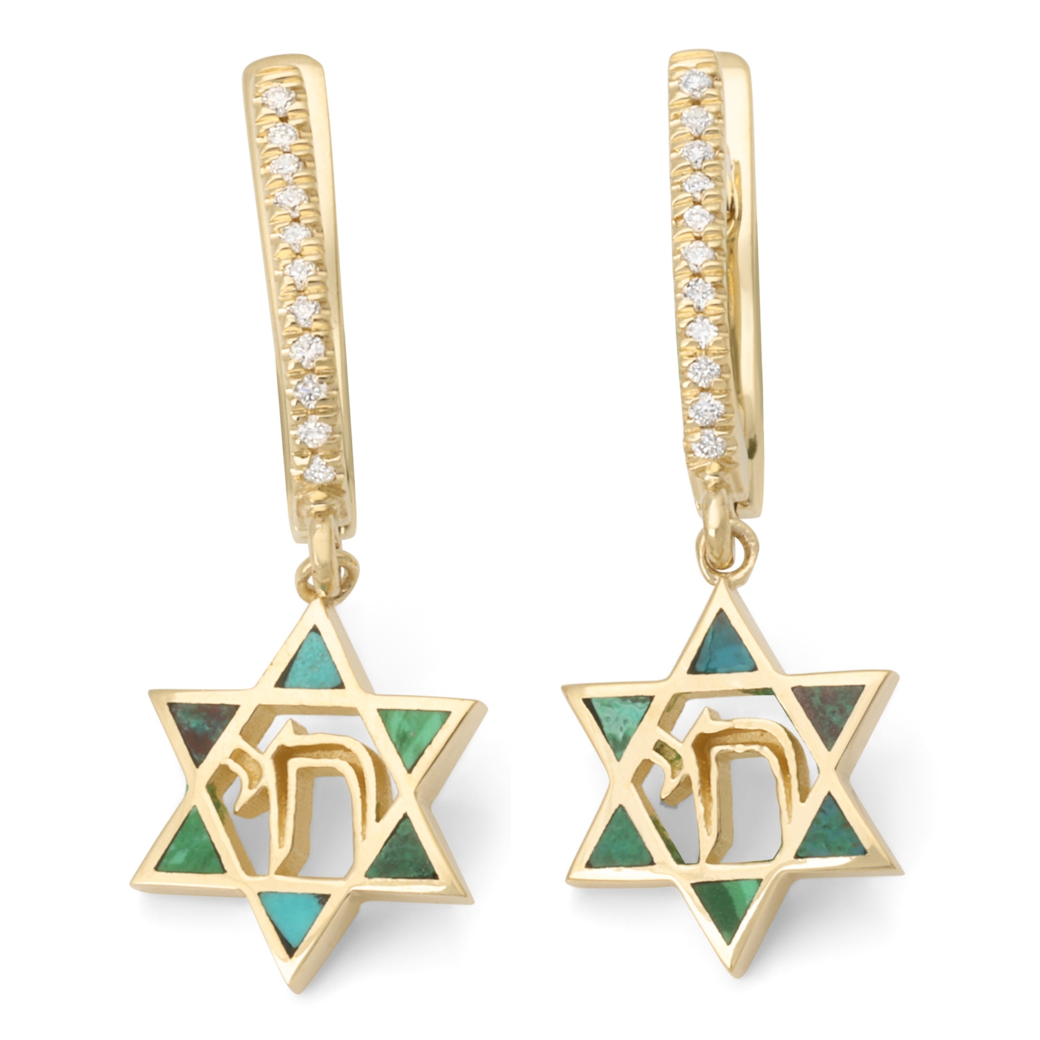 14K Gold Chai and Star of David Dangling Earrings with Diamonds and Eilat Stone main product photo
