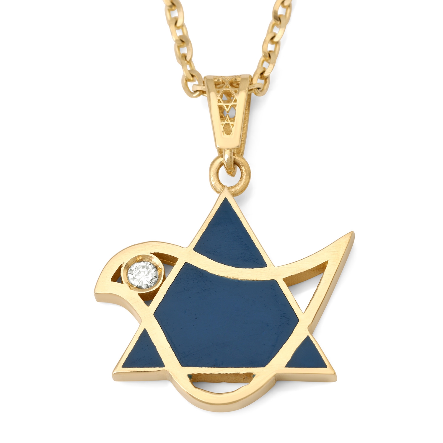 14K Gold Dove and Star of David Pendant with Diamond and Blue Enamel main product photo