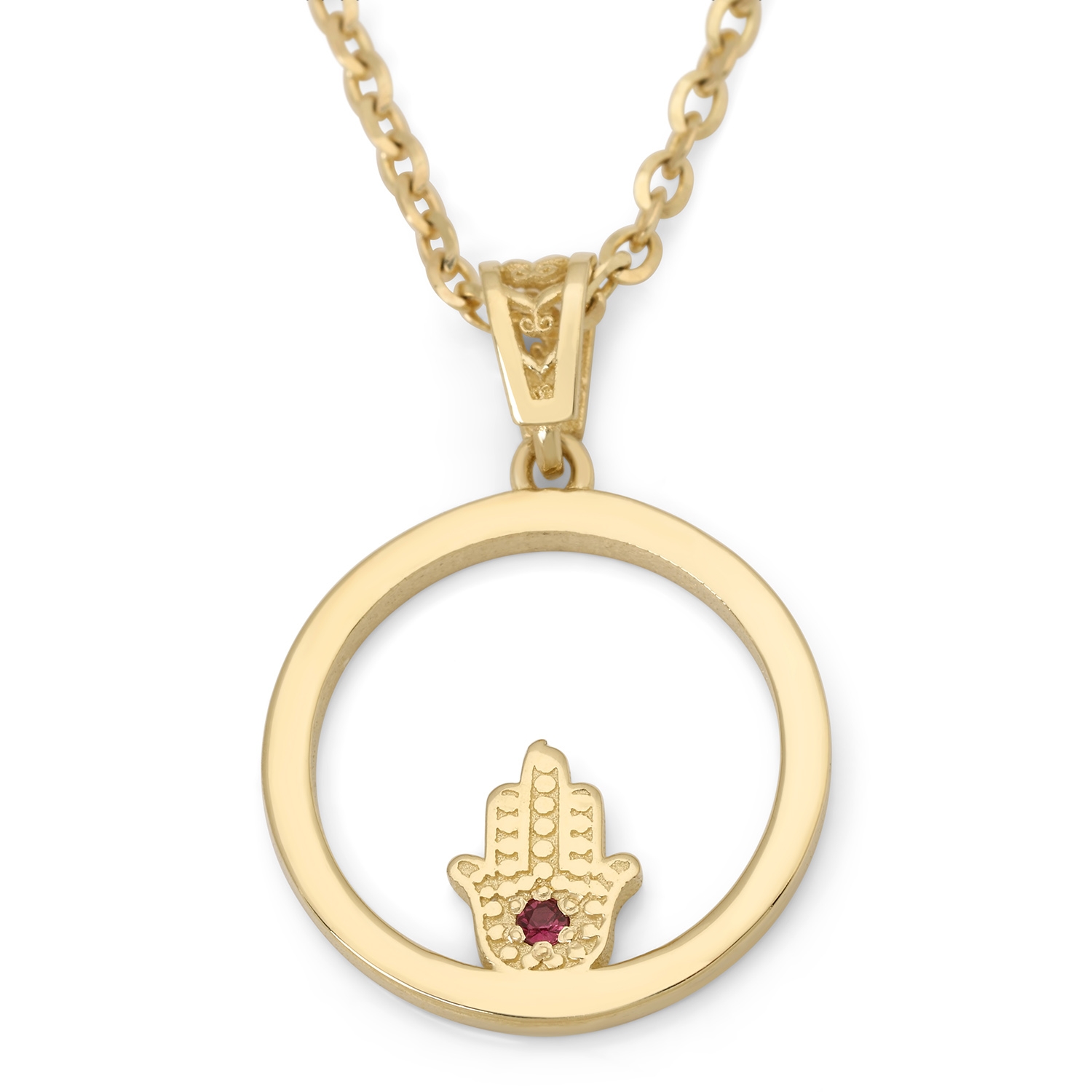 Women's 14K Gold Circular Pendant Necklace with Hamsa and Ruby main product photo
