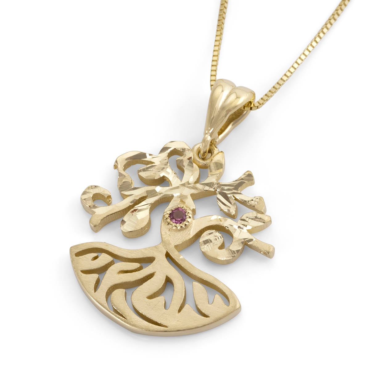 14K Gold Modern Tree of Life Pendant Necklace with Topaz Stone main product photo