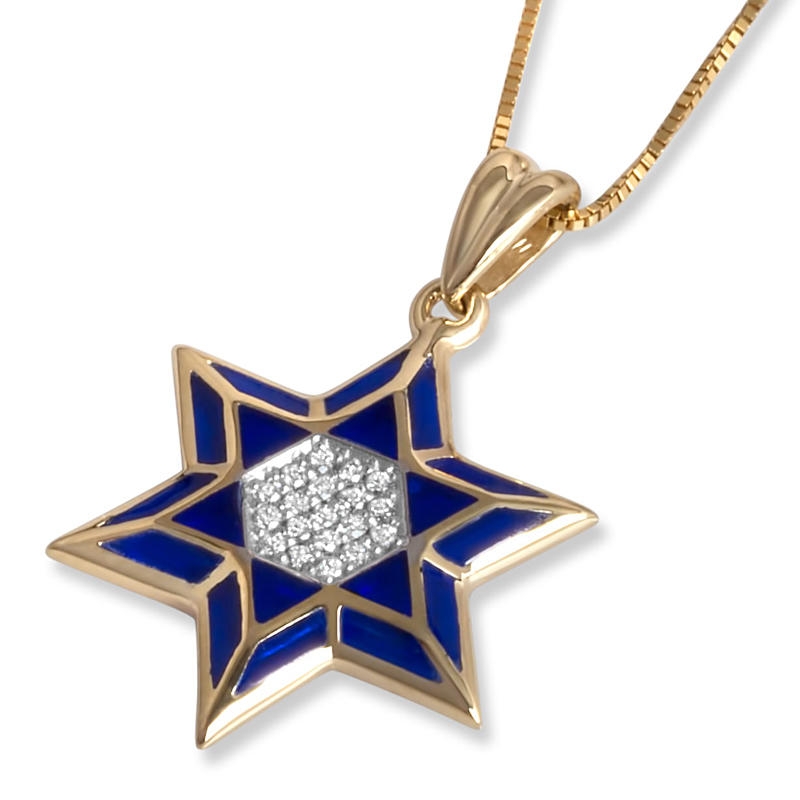 14K Yellow Gold Star of David Pendant with Blue Enamel and Diamonds main product photo