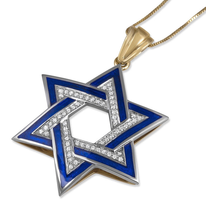 Large Two-Toned 14K Gold Star of David Pendant with Blue Enamel and White Diamonds main product photo