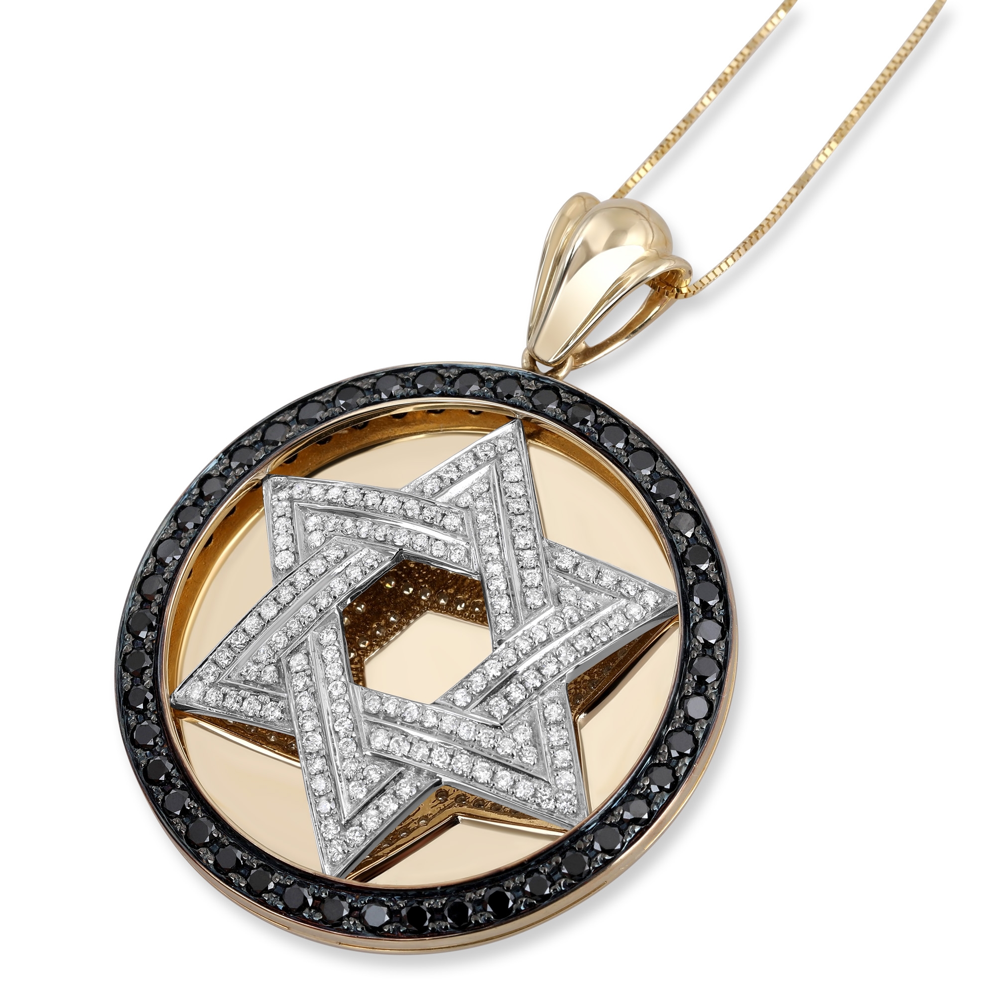 14K Gold and Diamond Star of David Disk Pendant with Black Diamond Border main product photo