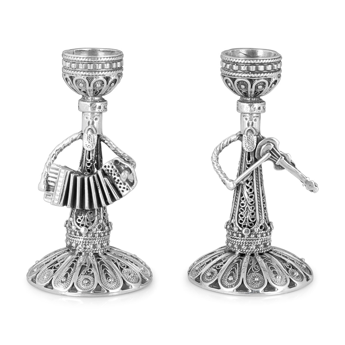 Traditional Yemenite Art Handcrafted Sterling Silver Filigree Shabbat Candlesticks With Klezmer Musicians main product photo