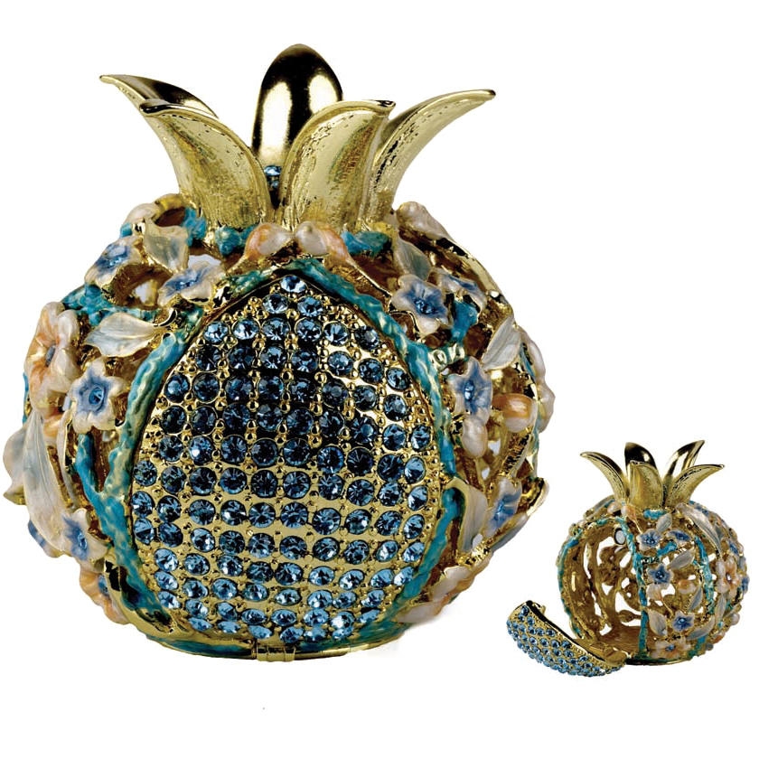 24K Gold Plated Jeweled Pomegranate Spice Box - Turquoise with Sapphire Crystals main product photo
