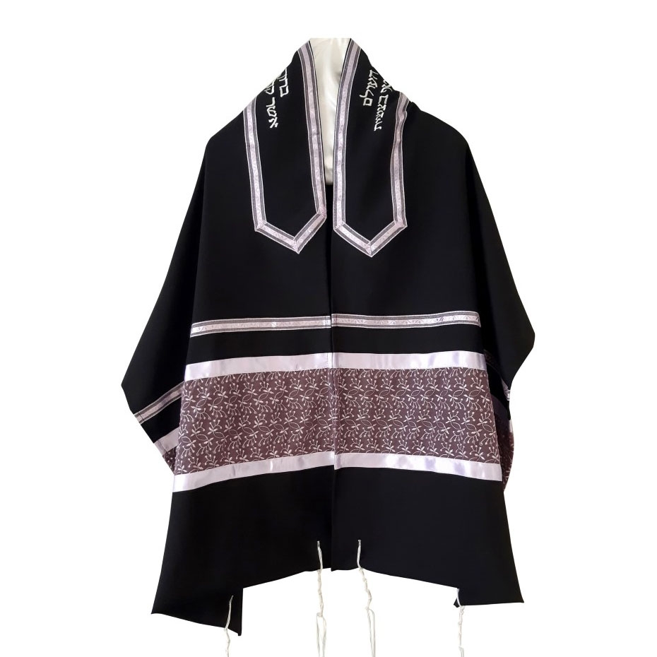 Galilee Silks Black and Lilac Leaves Women's Tallit (Prayer Shawl) Set main product photo