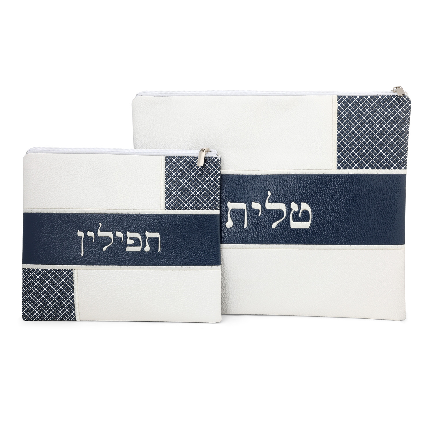 Faux Leather White and Blue Tallit & Tefillin Bag Set main product photo