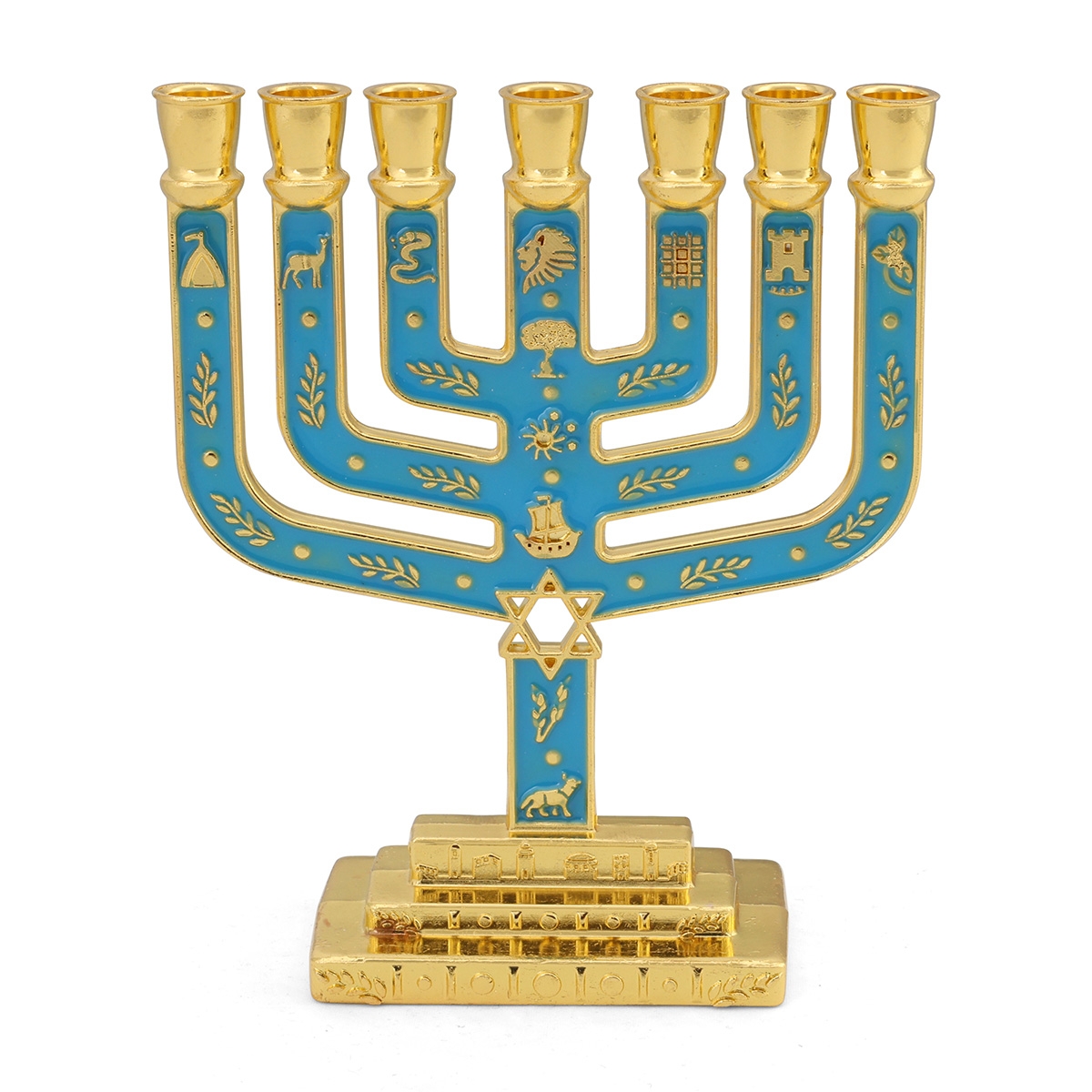 Tribes of Israel Gold Plated 7-Branched Menorah with Star of David main product photo