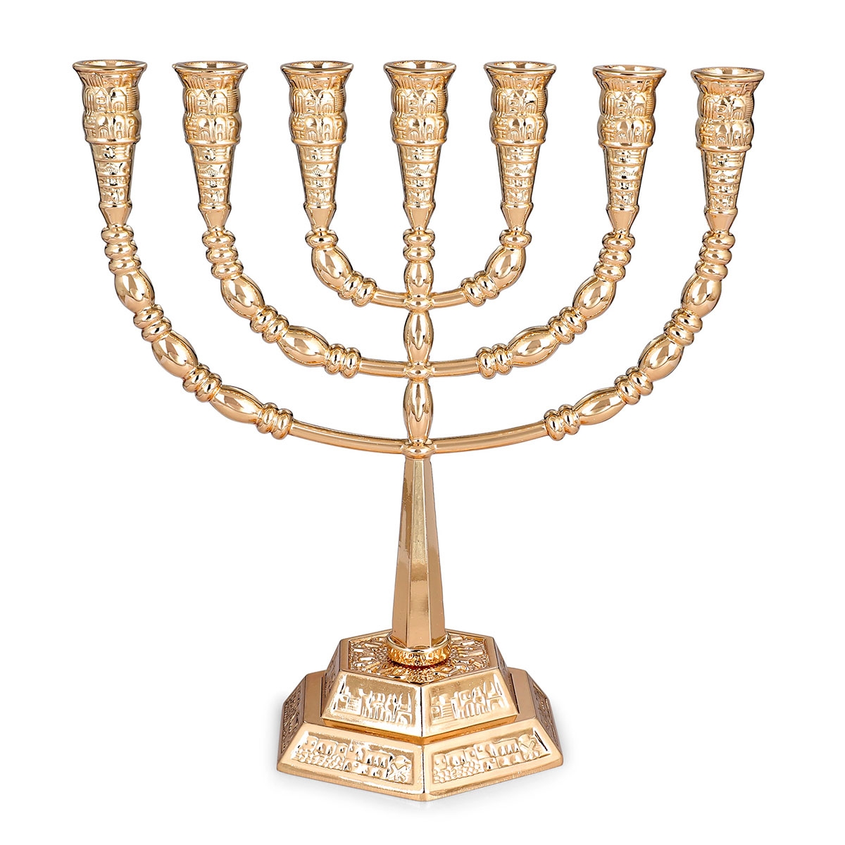 Elegant Seven-Branched Menorah With Jerusalem Motif (Variety of Colors) main product photo