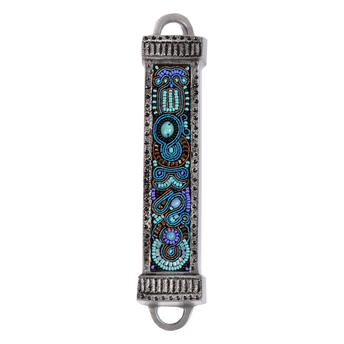 Yair Emanuel Aluminum Mezuzah with Embroidered Beads-Turquoise/Purple main product photo