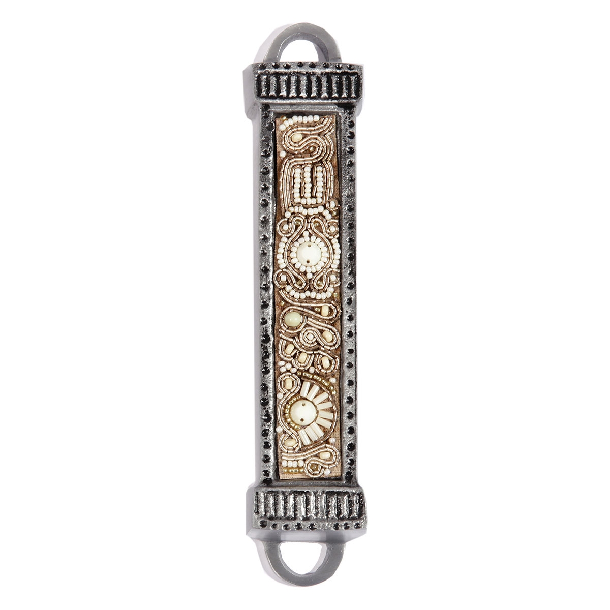 Yair Emanuel Aluminum Mezuzah with Embroidered Beads-Brown/Beige main product photo