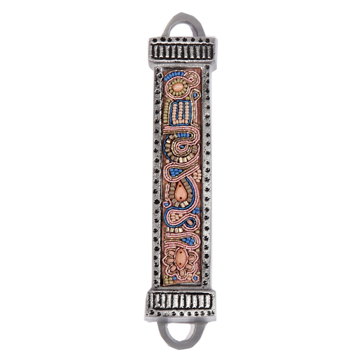 Yair Emanuel Aluminum Mezuzah with Embroidered Beads-Blue/Pink main product photo
