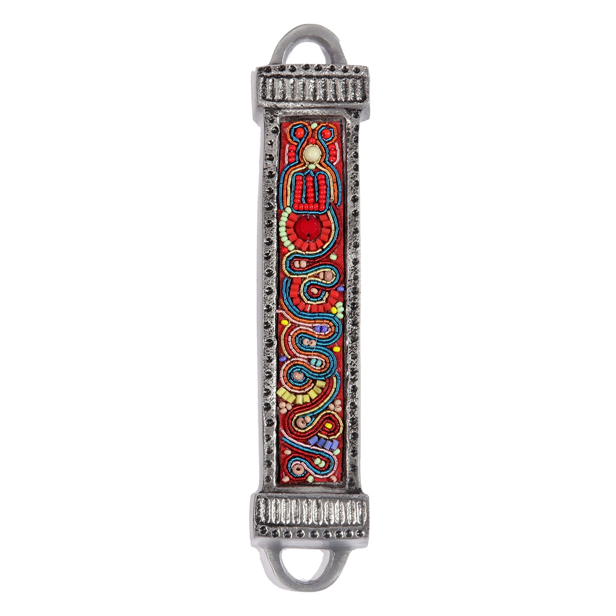 Yair Emanuel Aluminum Mezuzah with Embroidered Beads-Red/Blue main product photo