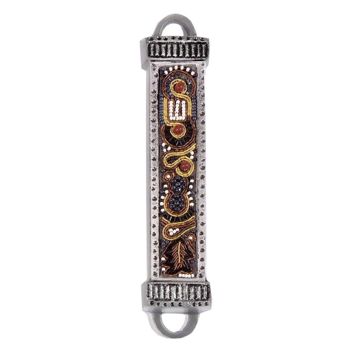 Yair Emanuel Aluminum Mezuzah with Embroidered Beads-Gold/Brown main product photo