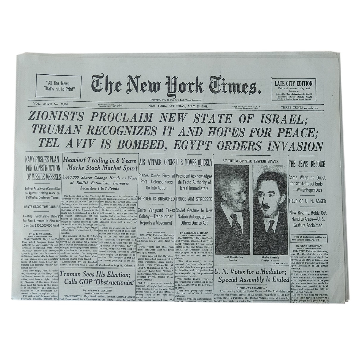 New York Times Reprint - May 15, 1948 - Birth of Israel main product photo
