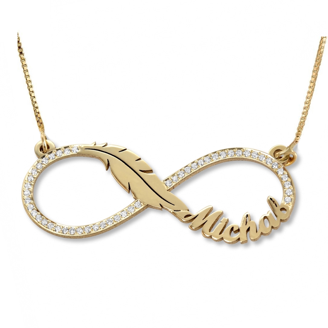 14K Gold English / Hebrew Diamond Infinity Name Necklace with Feather main product photo