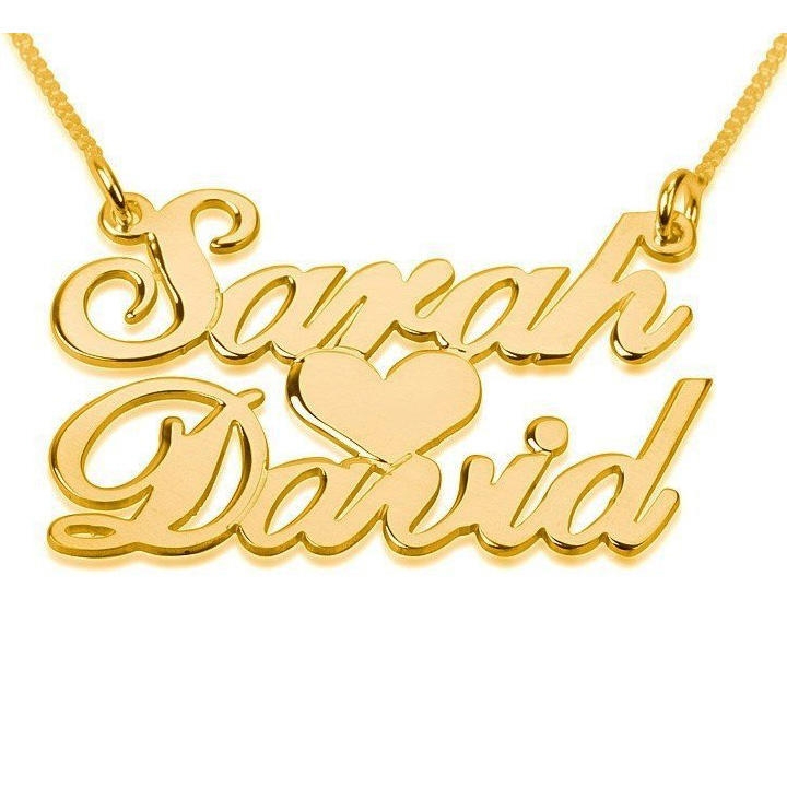 24K Gold Plated Silver 2-Name Necklace in English with Heart (Victorian Script) main product photo
