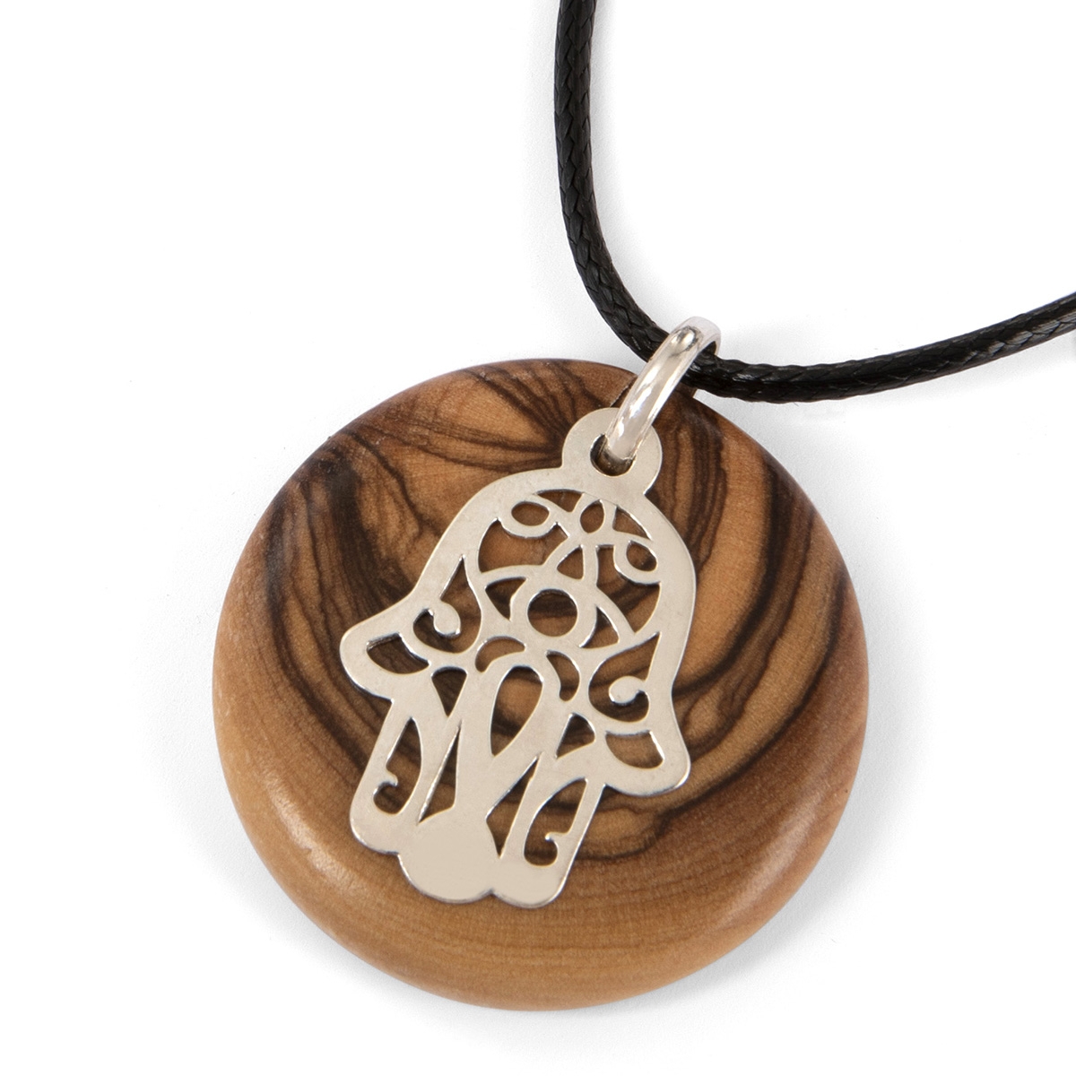 Handmade Olive Wood and Sterling Silver Hamsa Necklace main product photo