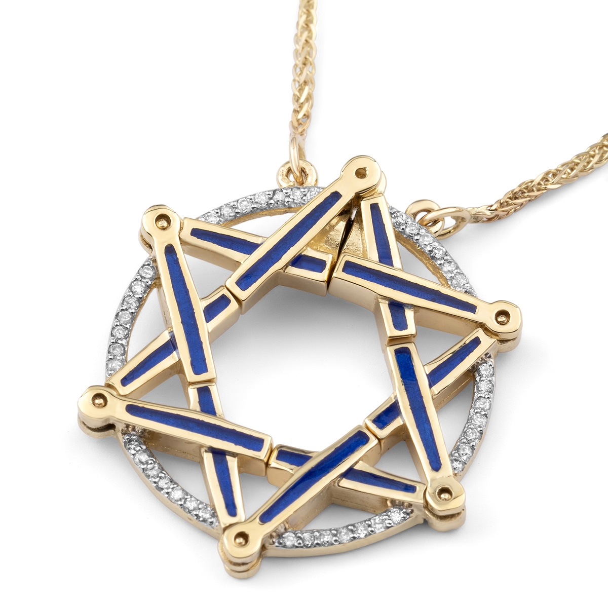 Anbinder Jewelry 14K Yellow Gold and Blue Enamel Openable Star of David Necklace With White Diamond Halo main product photo