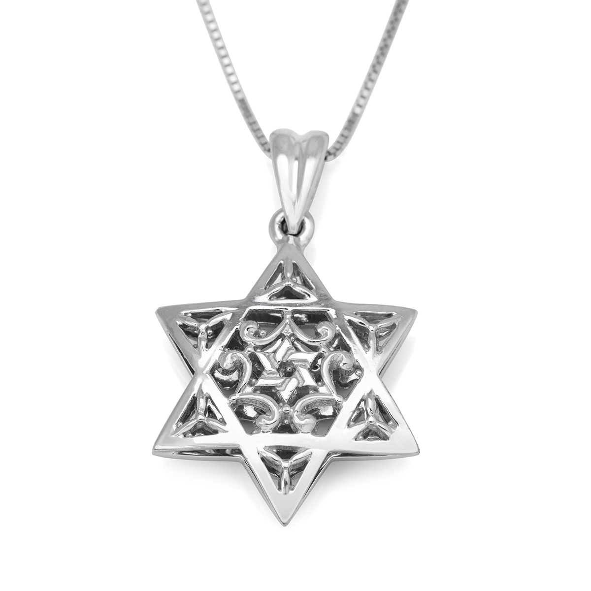Ornate Domed Star of David 14K White Gold Pendant Necklace main product photo