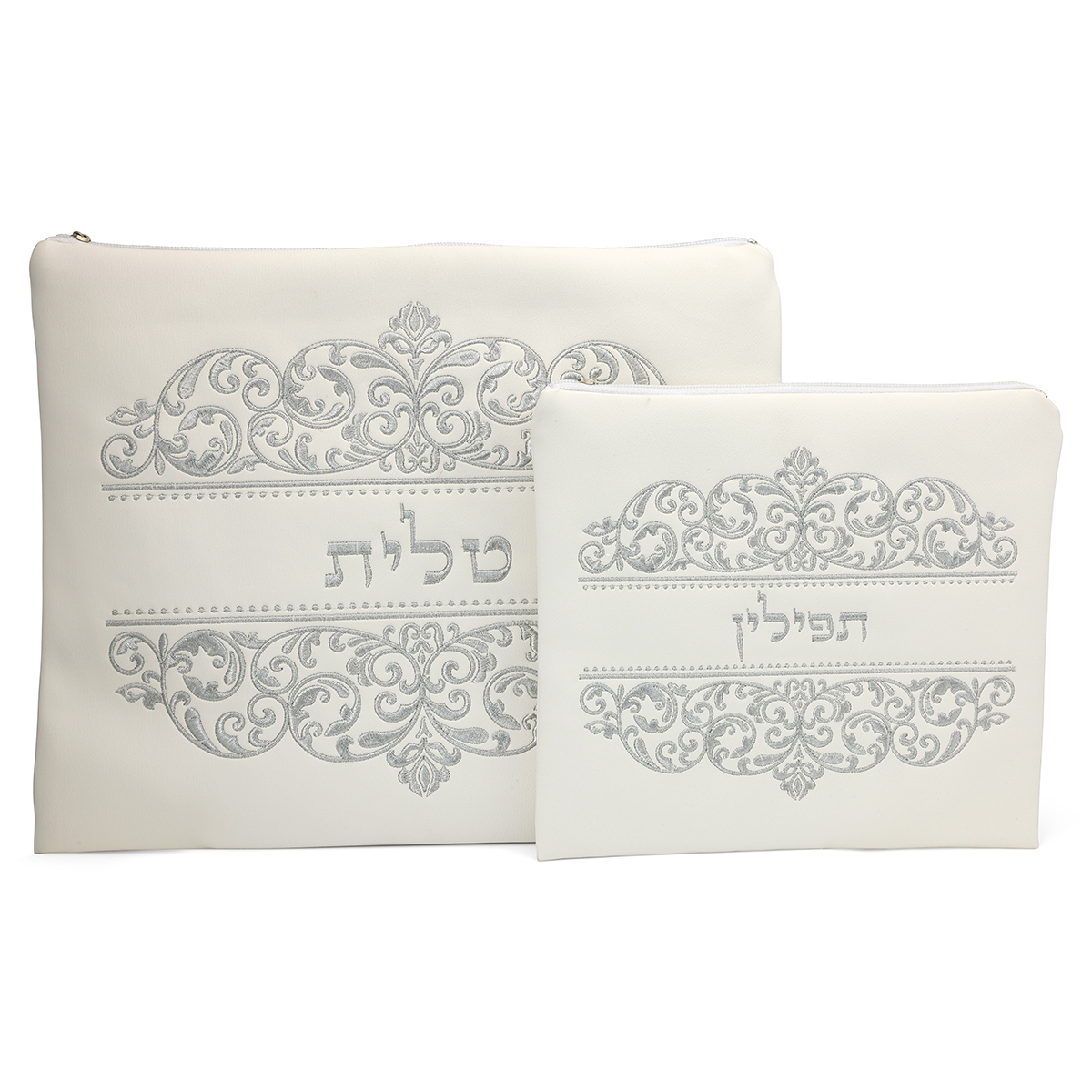 Faux Leather Tallit & Tefillin Bag Set With Ornate Design (White) main product photo
