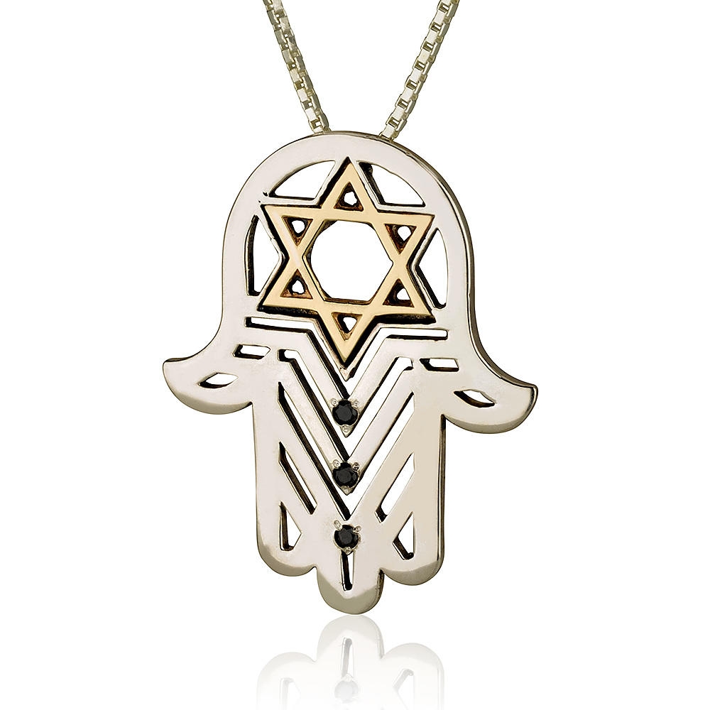 Men's Silver Hamsa Necklace with Gold Star of David and Black Diamonds main product photo