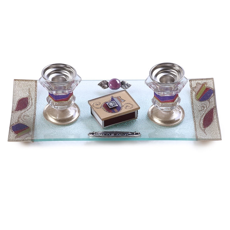 Painted Glass Candlesticks with Tray & Match Box: Pomegranates (Multi-Colored). Lily Art main product photo