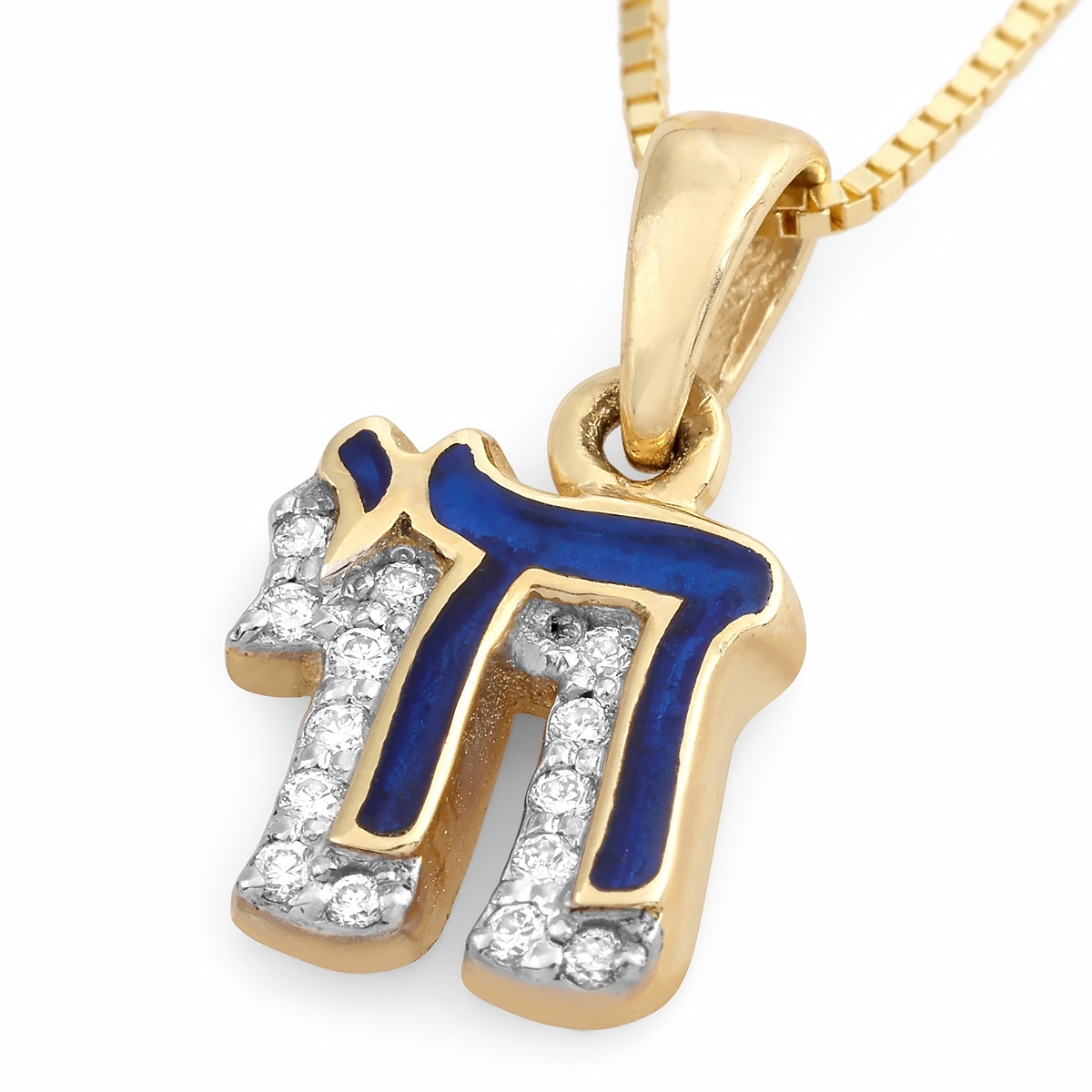 Petite 14K Gold and Blue Enamel Chai Pendant Necklace With Diamonds main product photo