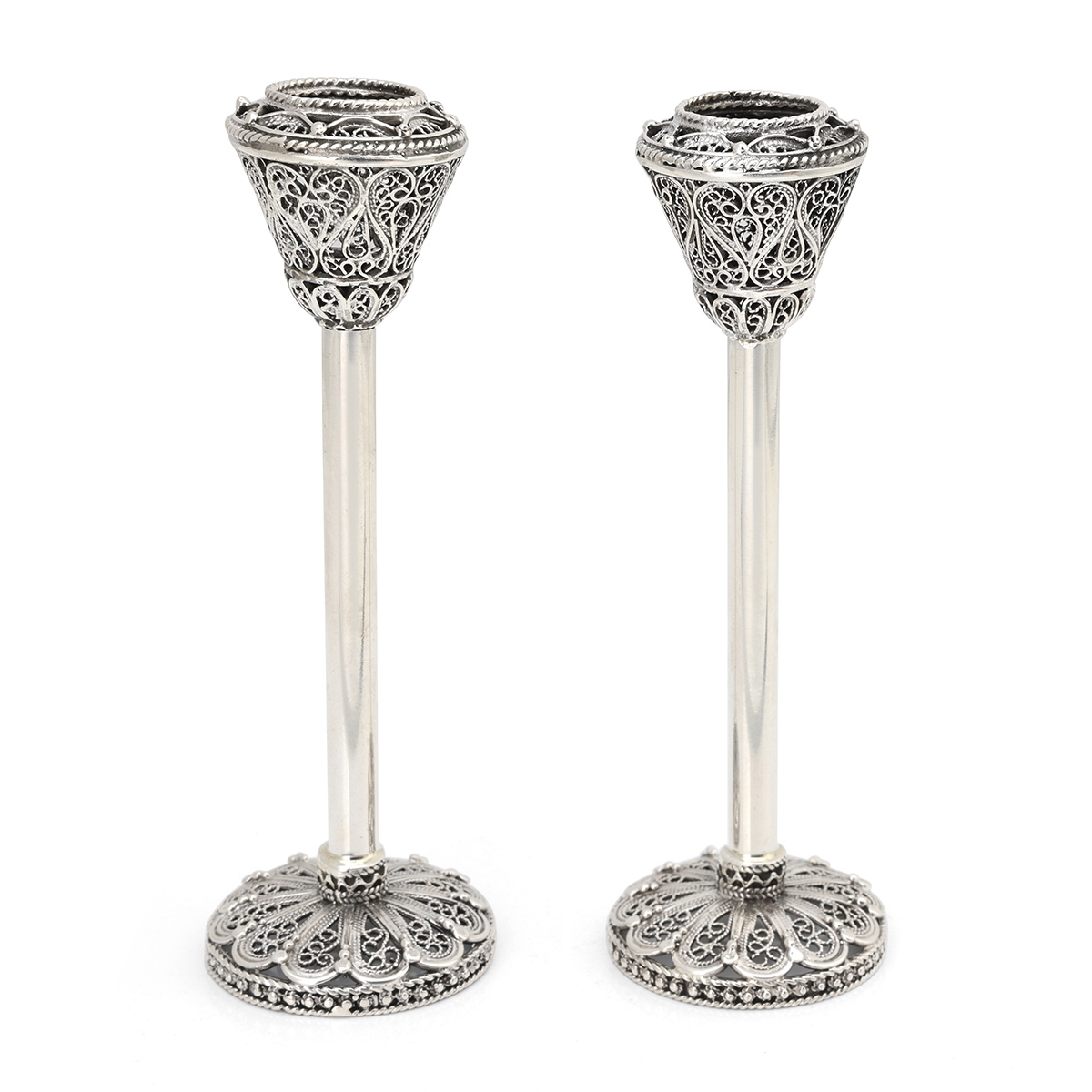 Grand Handcrafted Polished Sterling Silver Candlesticks With Filigree Design By Traditional Yemenite Art main product photo