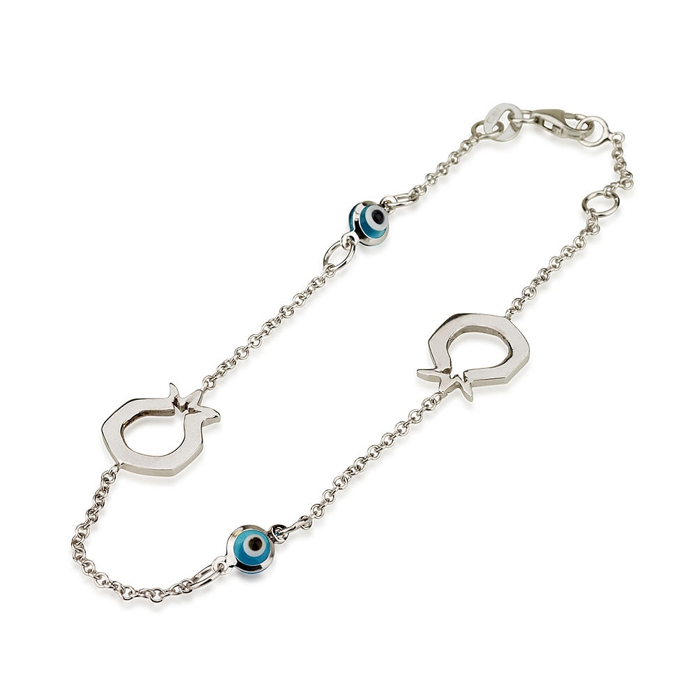14K White Gold Bracelet with Pomegranate and Evil Eye Charms main product photo