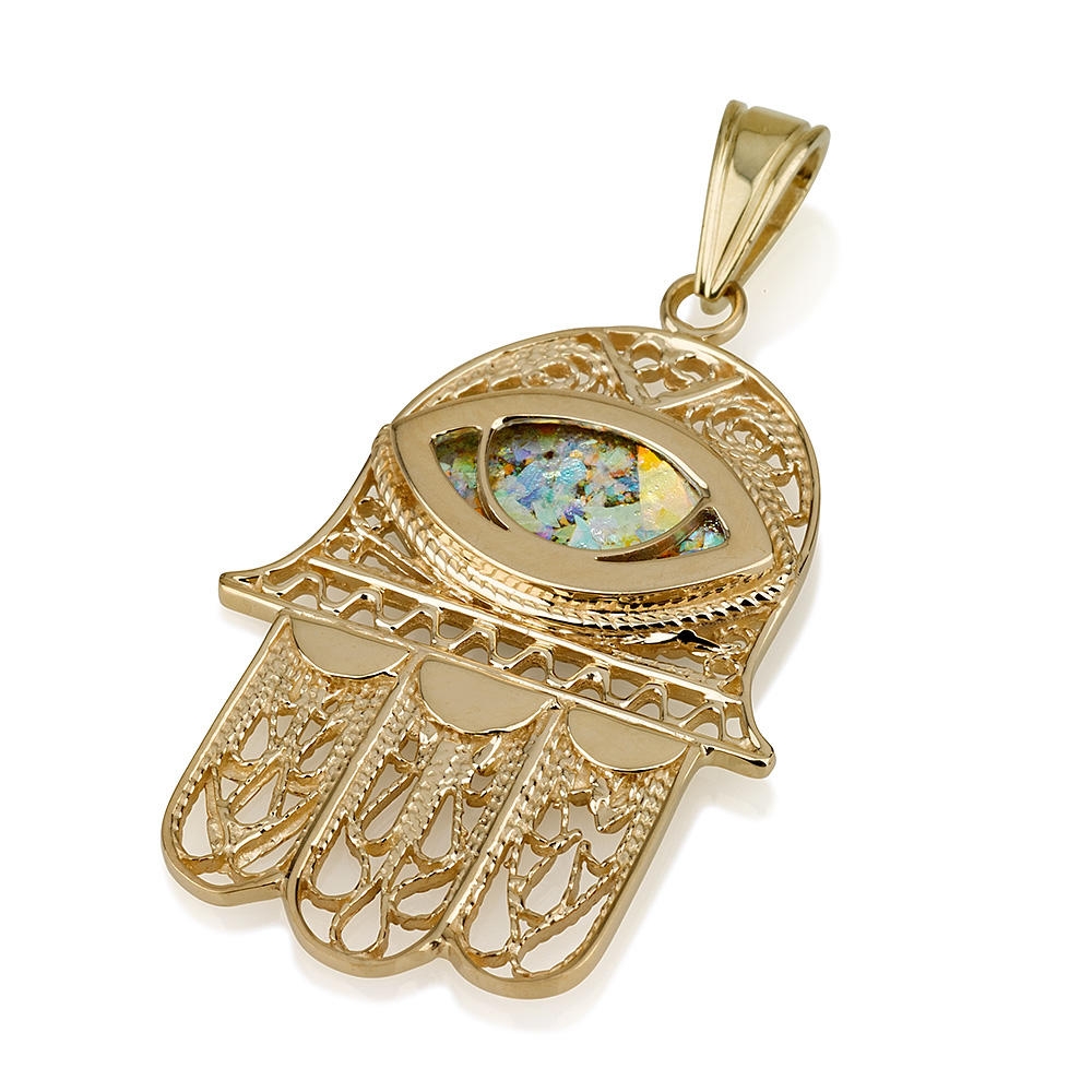 14K Gold Filigree Hamsa Pendant with Roman Glass Evil Eye main product photo
