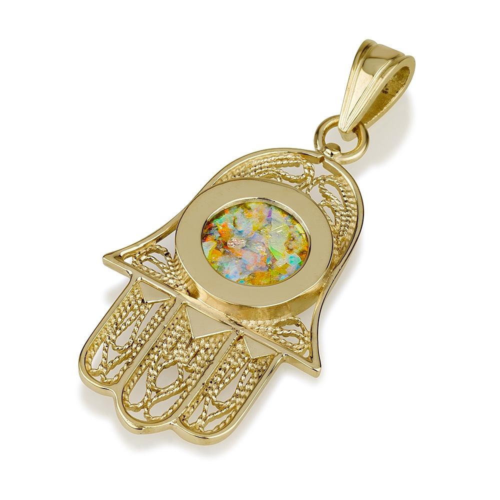 14K Gold Filigree Hamsa Pendant with Roman Glass Oval main product photo