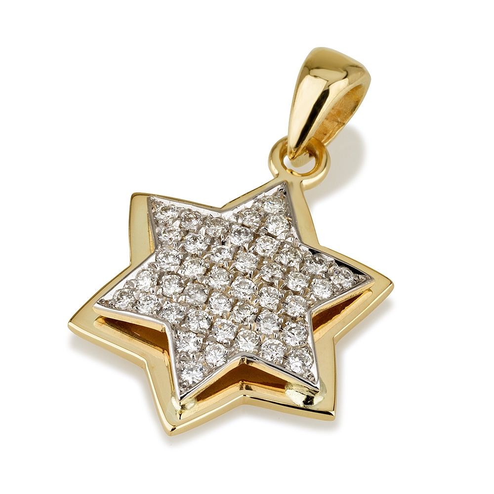18K Gold Double Star of David Pendant with White Diamond Star Top main product photo
