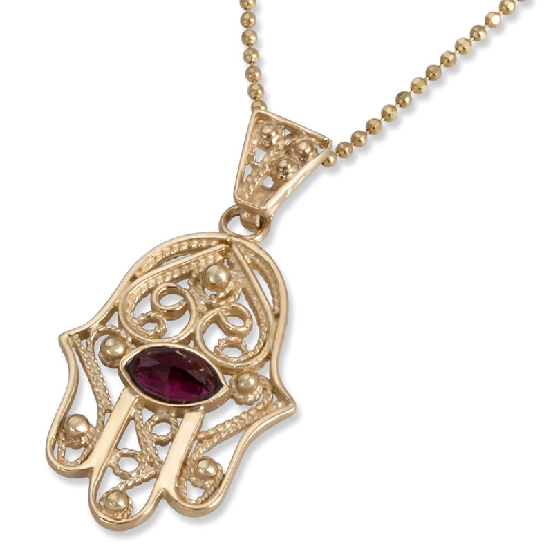 14K Gold and Garnet Heart Filigree Hamsa Pendant Necklace main product photo