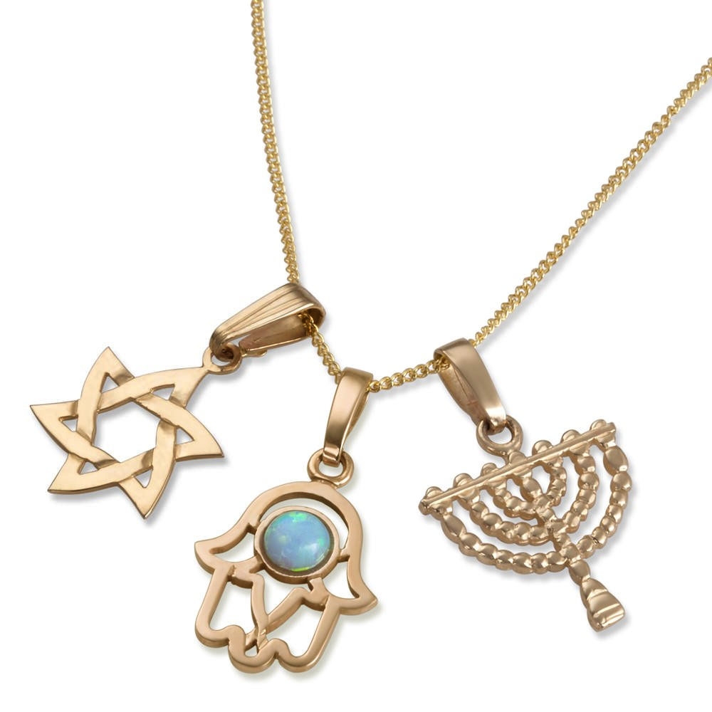 14K Gold 3 Charm Pendants - Hamsa, Star of David, Menorah main product photo