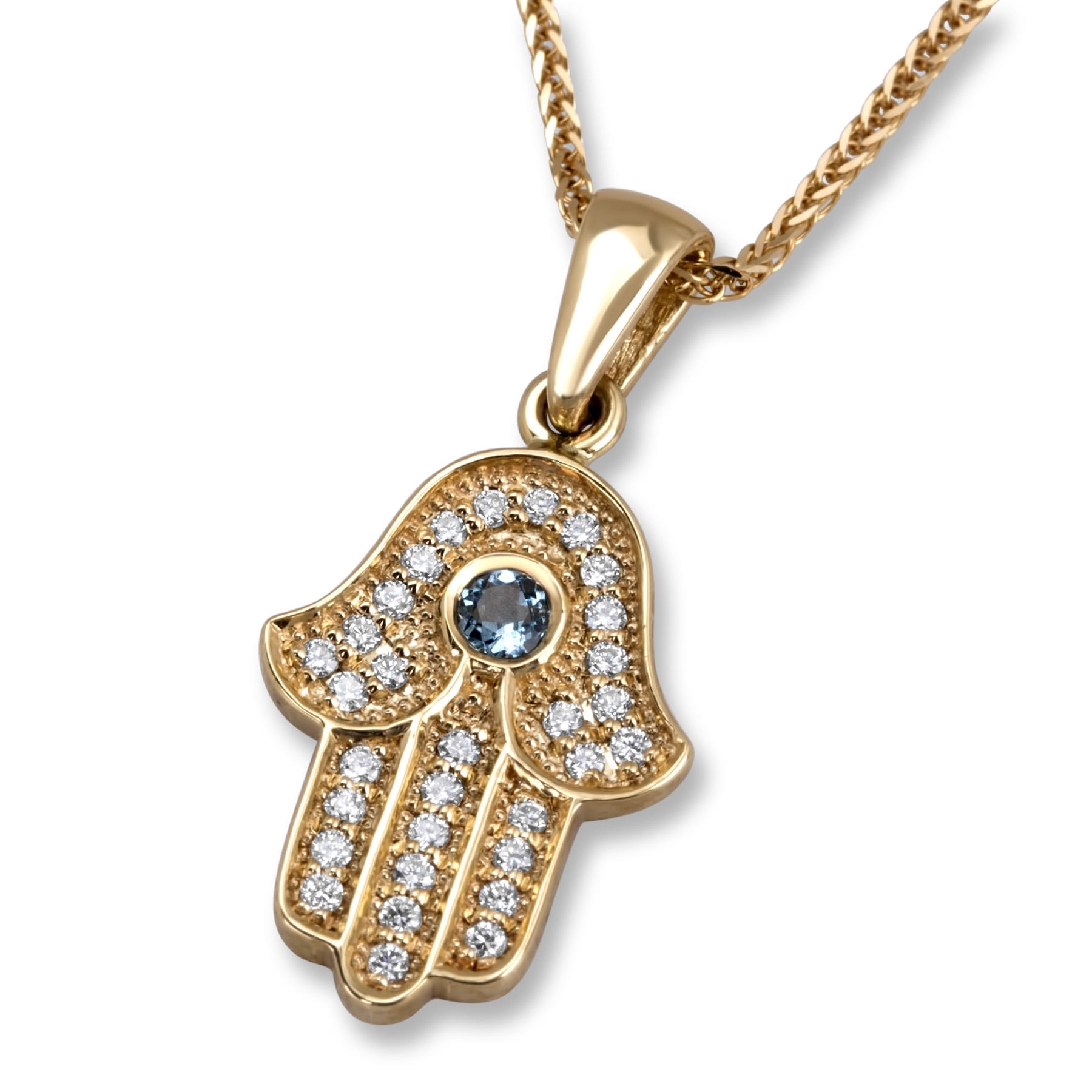 14K Gold Diamond-Lined Hamsa with Aquamarine Center main product photo