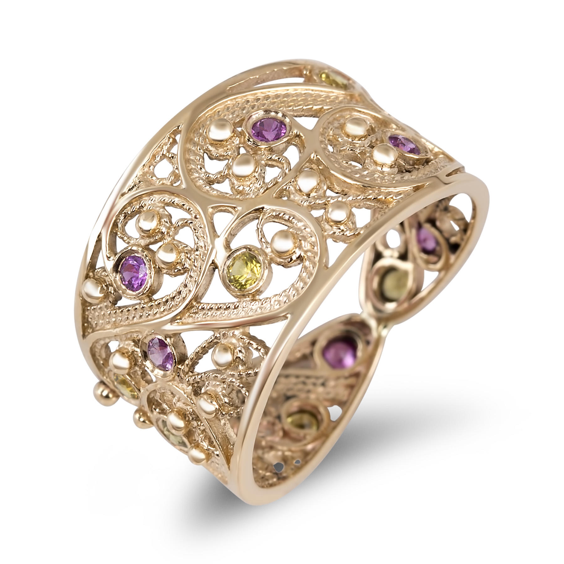 14K Gold Filigree Ring with Pink Sapphires and Tsavorite main product photo