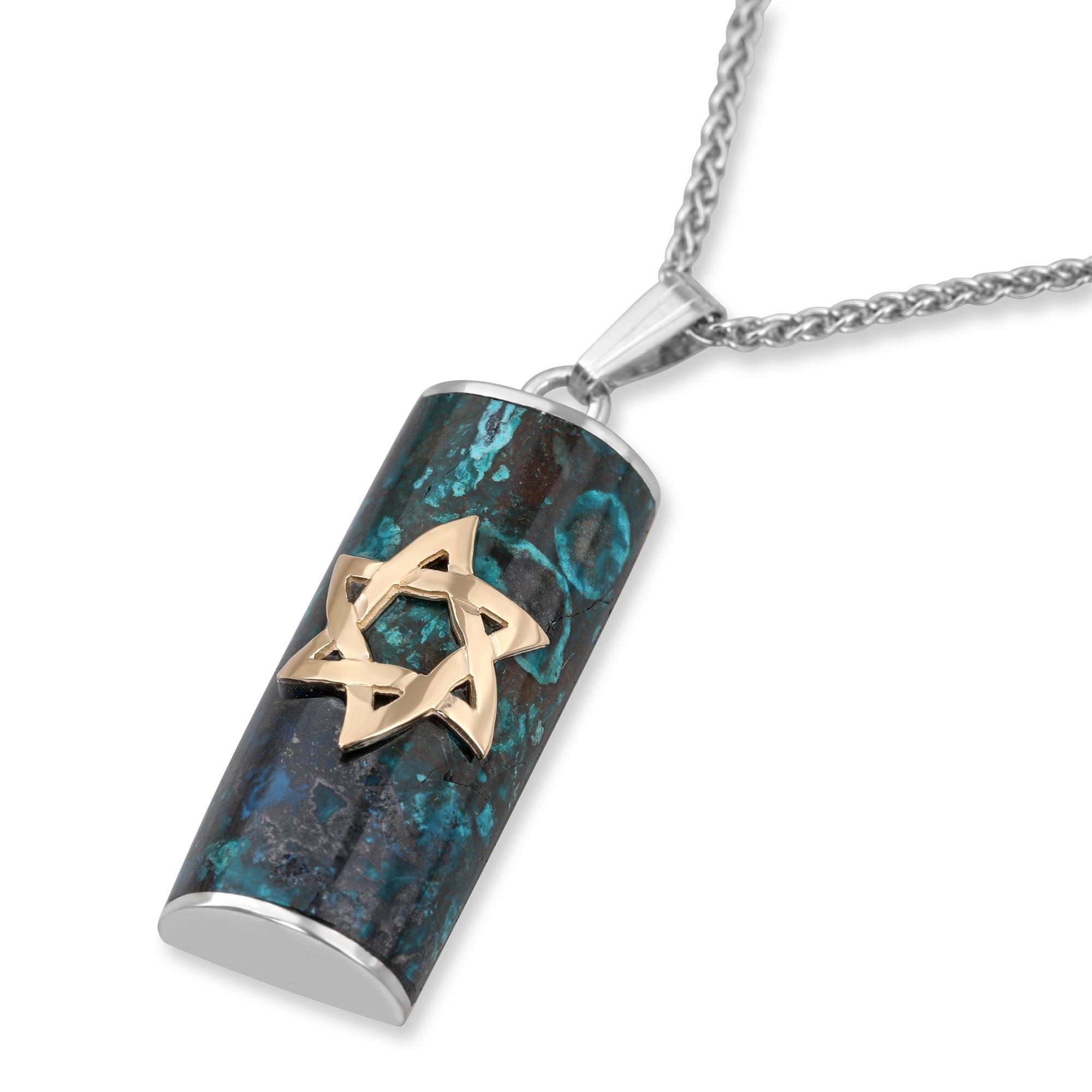 Sterling Silver and Eilat Stone Mezuzah Necklace with Gold Star of David main product photo