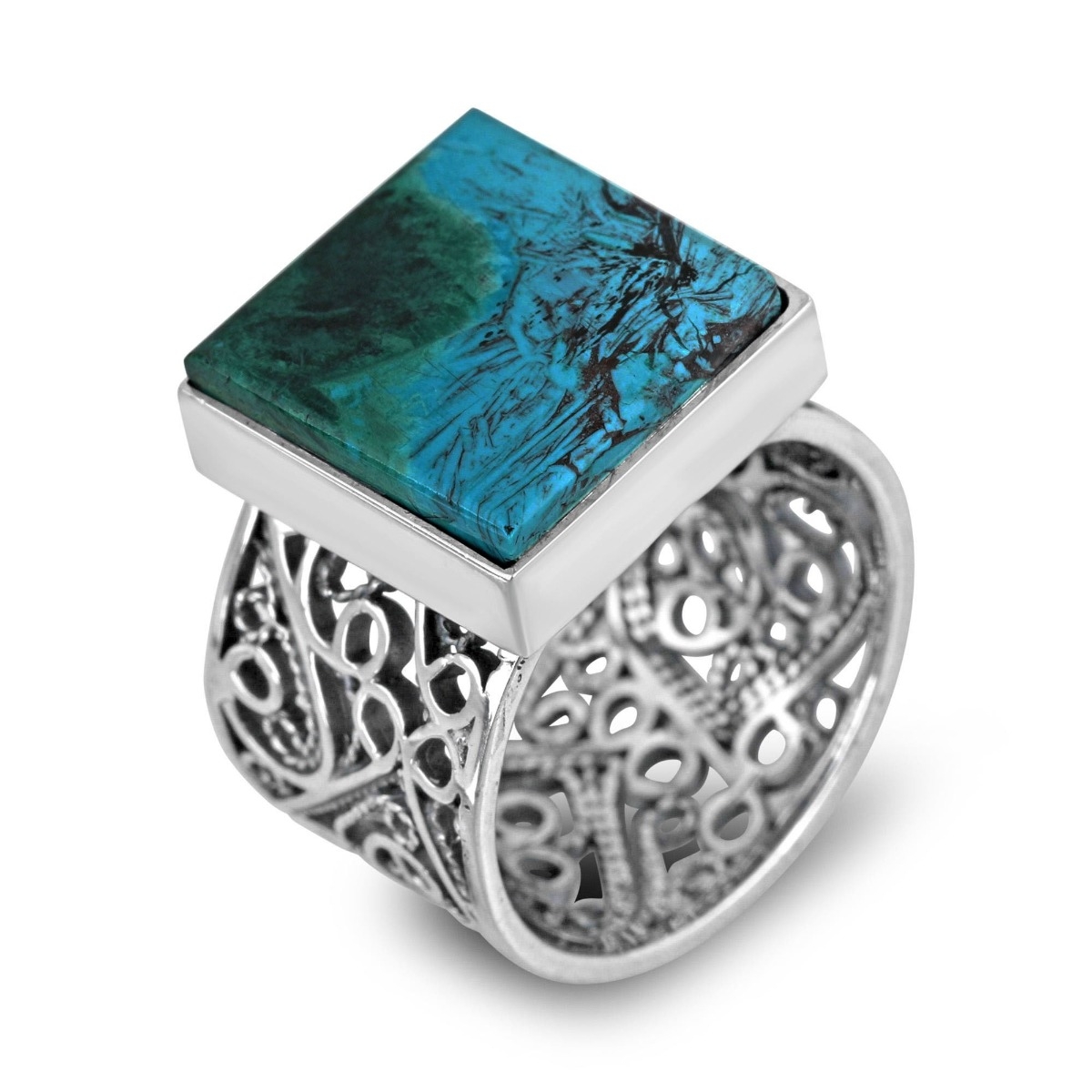 Sterling Silver Filigree Ring with Eilat Stone Square main product photo