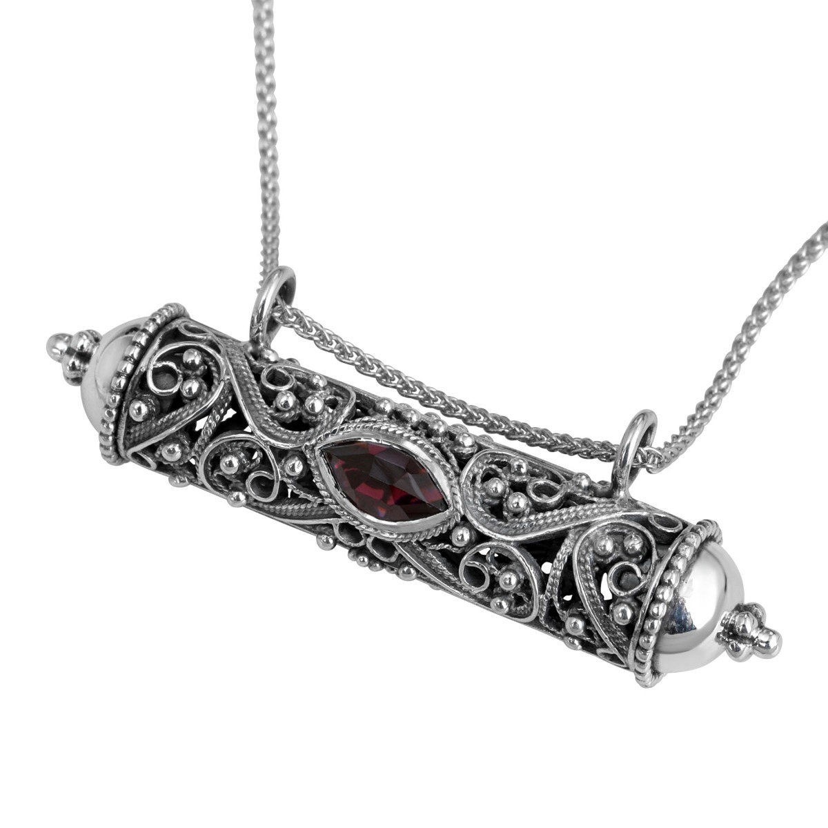 Rafael Jewelry Sterling Silver Filigree Mezuzah Sapphire and Garnet Necklace main product photo