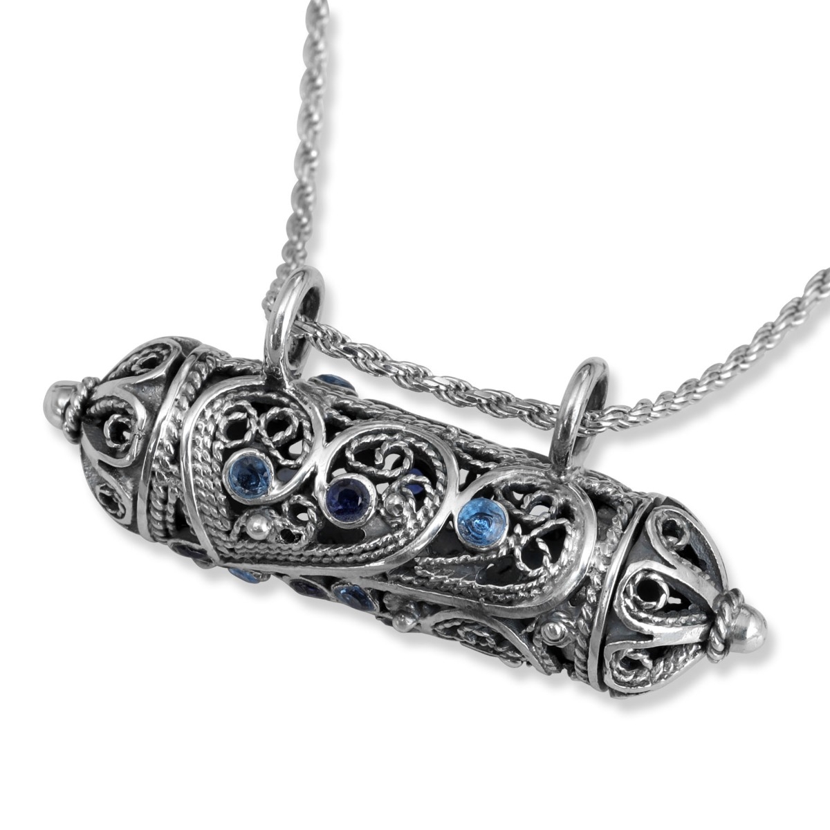 Rafael Jewelry Sterling Silver Filigree Mezuzah Blue Topaz and Sapphire Necklace  main product photo