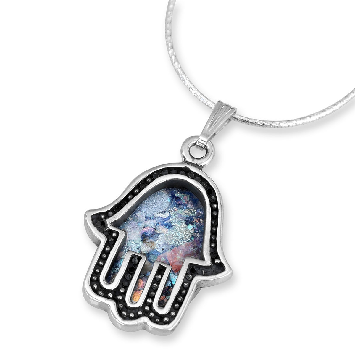 Rafael Jewelry Roman Glass in Silver Hamsa Frame Necklace - Black Border main product photo