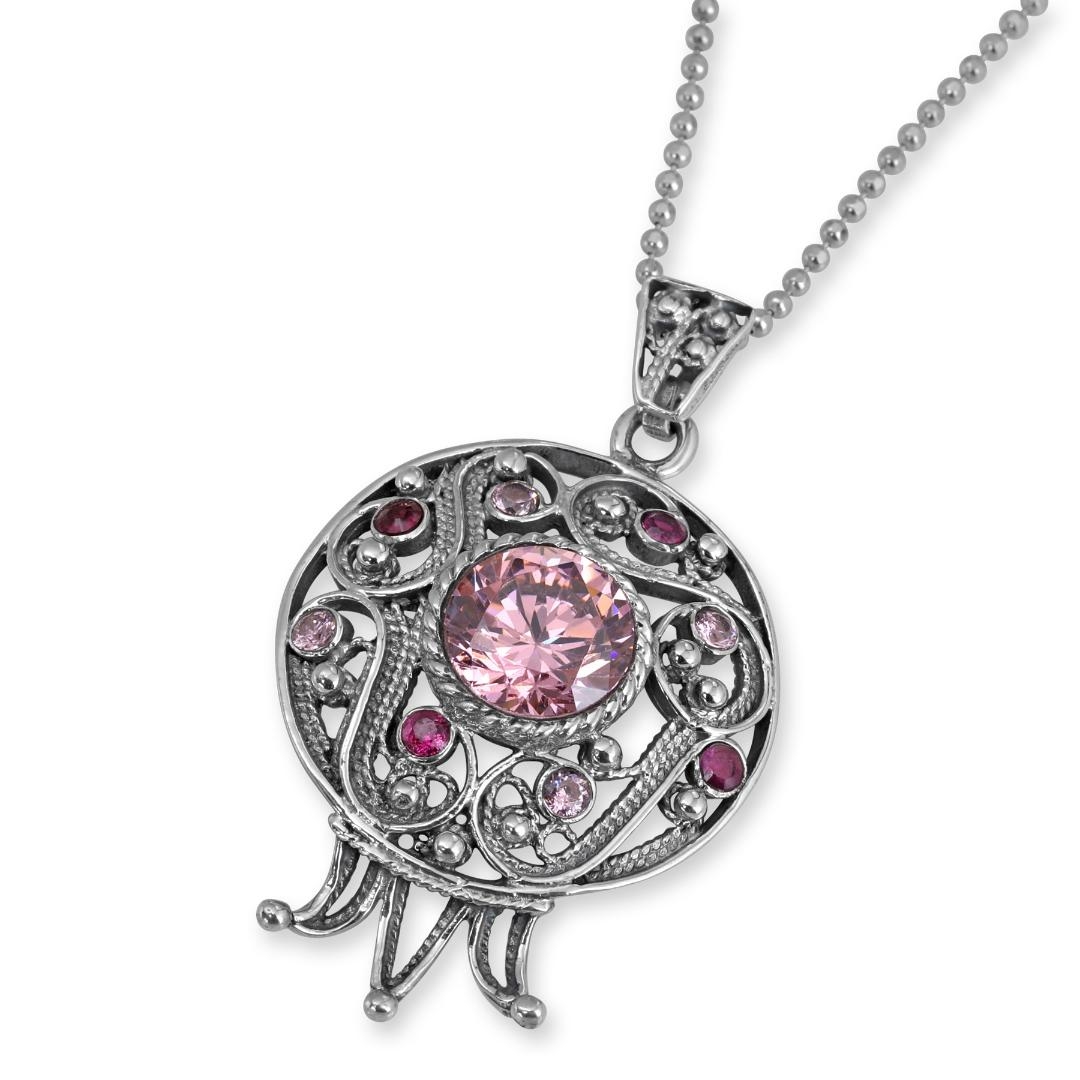 Rafael Jewelry Sterling Silver Pomegranate Filigree Pendant with Ruby Stones & Pink Quartz main product photo