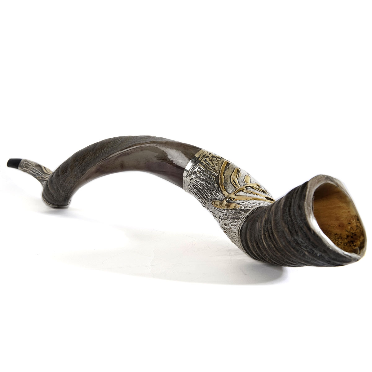 Barsheshet-Ribak Silver Yemenite Shofar with Menorah and Olive Branch Decoration main product photo