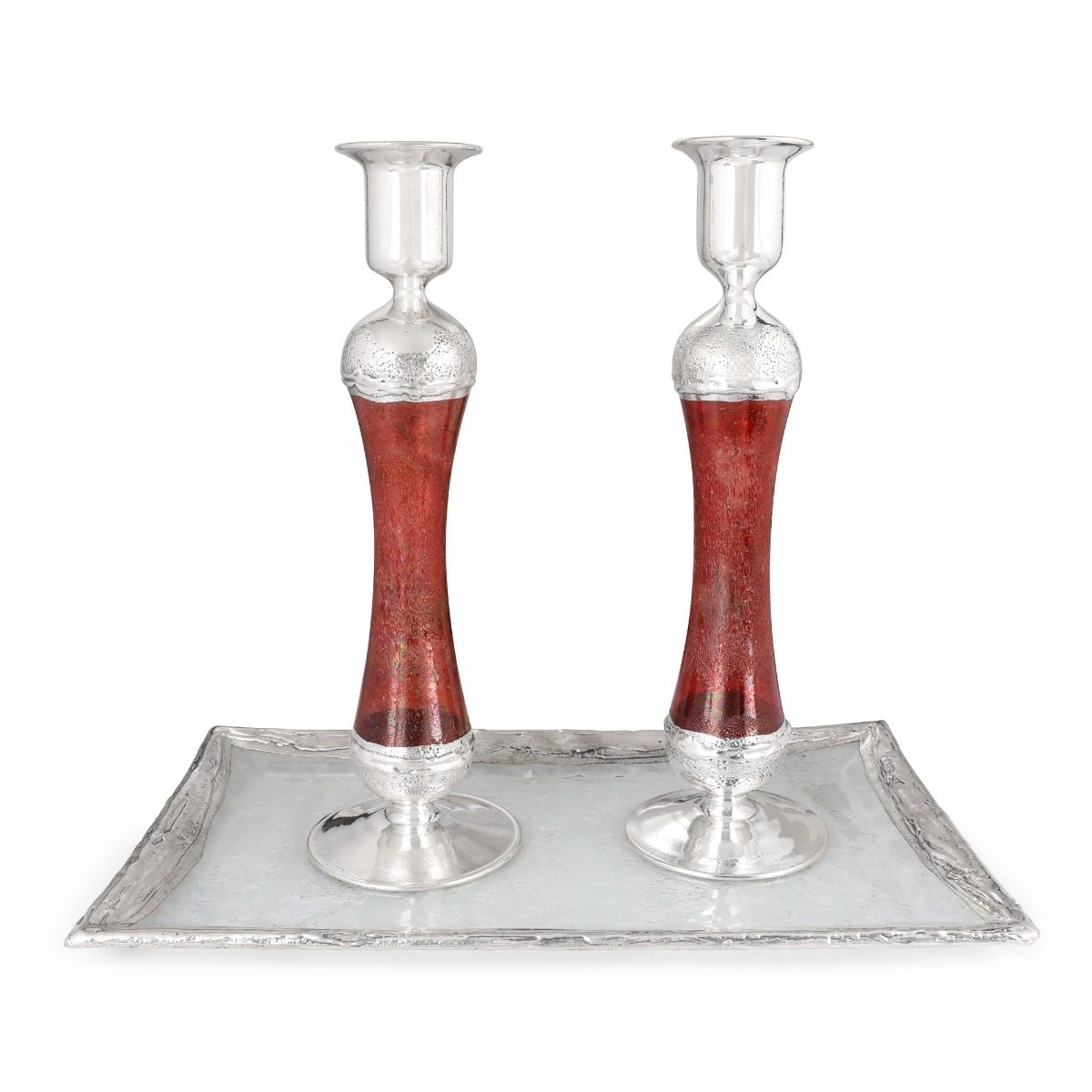 Large Handcrafted Sterling-Silver Plated Glass Shabbat Candlesticks (Red) main product photo