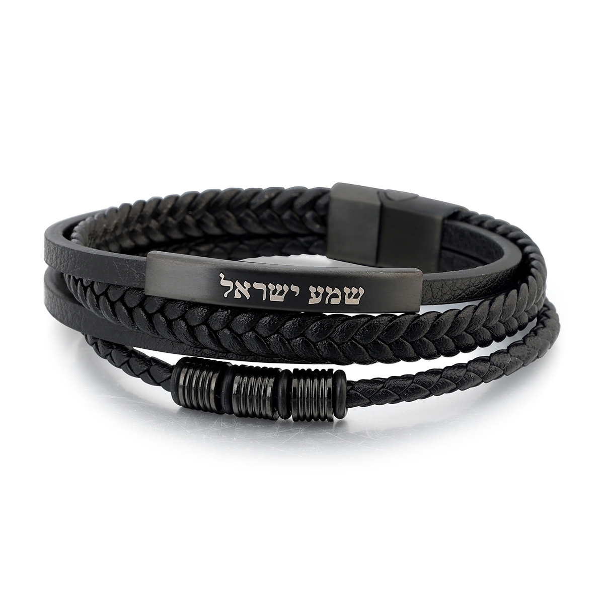 Men's Shema Yisrael Beaded Leather Bracelet with Magnetic Clasp - Black main product photo