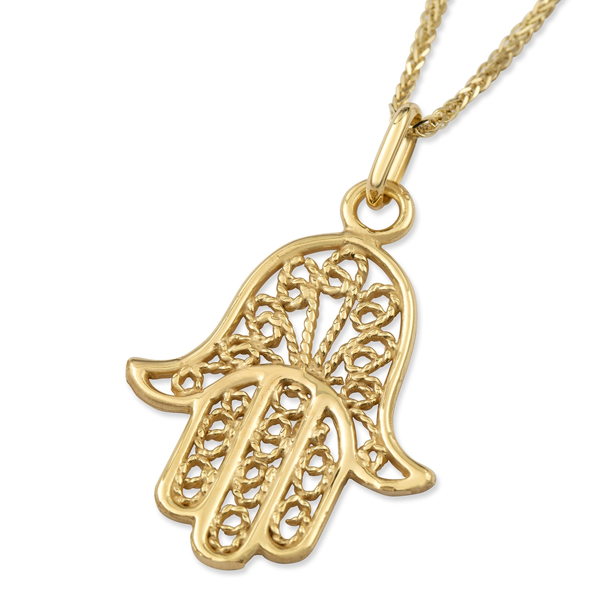 Large 14K Yellow Gold Hamsa Pendant Necklace With Rope Filigree Design main product photo