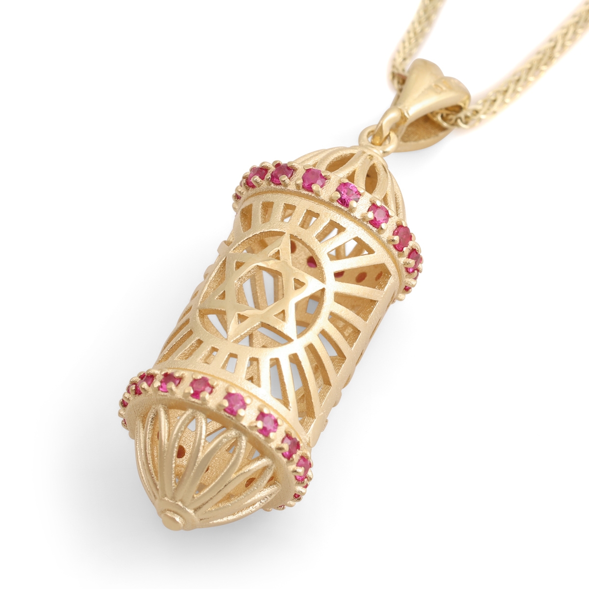 14K Yellow Gold Three-Dimensional Mezuzah Case Pendant Necklace With Ruby Stones main product photo